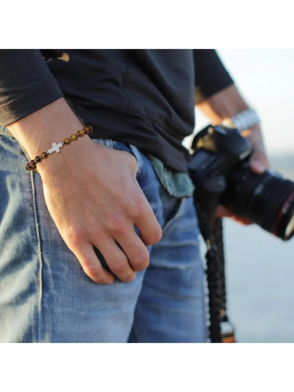 Stylish Men's Beaded Cross Bracelet - Crystal Accents, Perfect Gift for Him